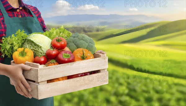 A woman is holding a wooden crate full of vegetables. The crate is filled with a variety of