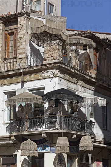 Picturesque handicraft shop for lampshades and parasols made of rope, Psirri neighbourhood, Athens,