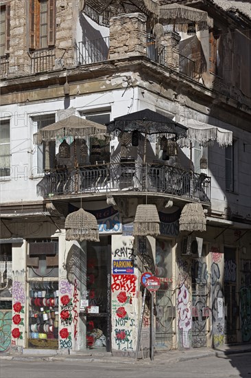 Picturesque handicraft shop for lampshades and parasols made of rope, Psirri neighbourhood, Athens,