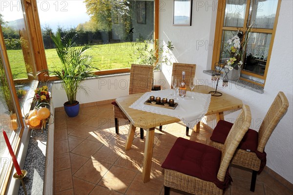 Cosy conservatory as a dining area with wooden table and chairs, surrounded by windows with views
