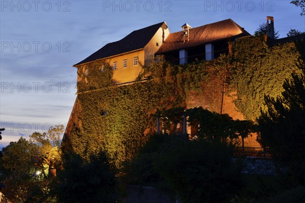 An illuminated castle at dusk with ivy-covered walls on a hill, Stallbastei, Schlossberg, Graz