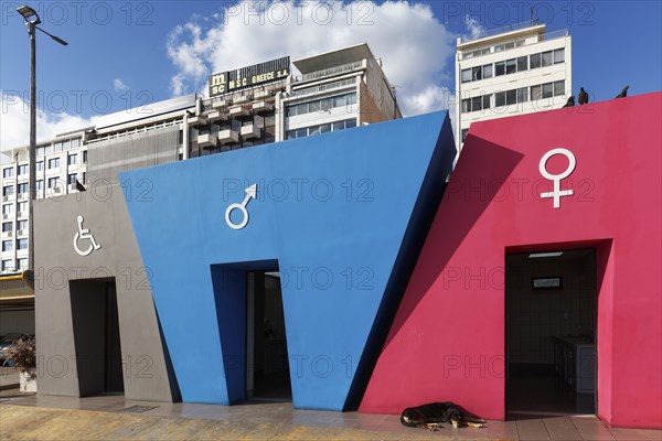 Public toilets on the quay, colourful little houses with modern architecture, Piraeus ferry port,