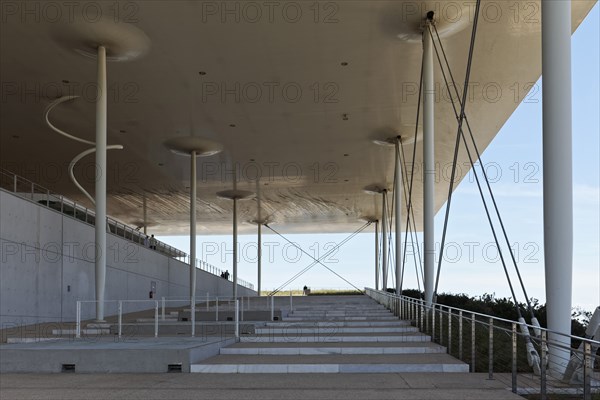 Stairs to the viewing terrace under a floating flat roof, cultural centre of the Stavros Niarchos