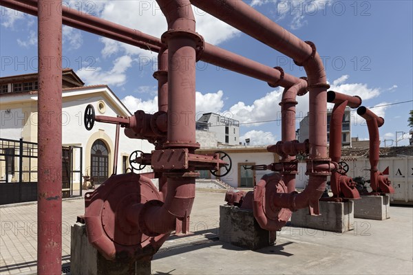 Tubes with gas meter, industrial monument Athens Gasworks from 1875, today venue Technopolis City