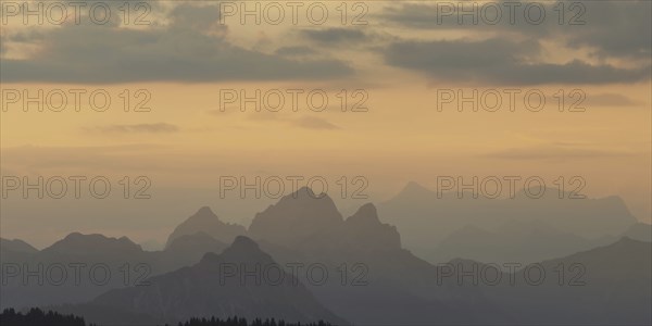Mountain panorama from Grünten, 1783m, to the Tannheim mountains, Allgäu Alps, Tyrol, Austria,