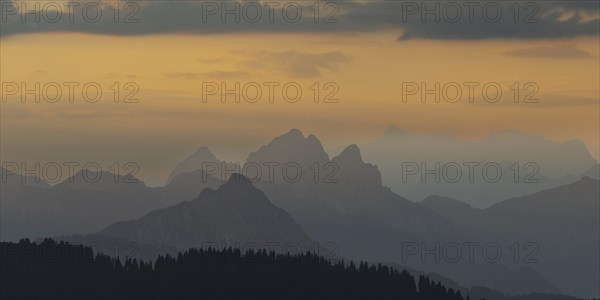Mountain panorama from Grünten, 1783m, to the Tannheim mountains, Allgäu Alps, Tyrol, Austria,