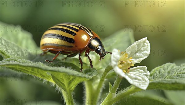 Symbol, Colorado potato beetle on a potato plant, close-up, Leptinotarsa decemlineata, AI