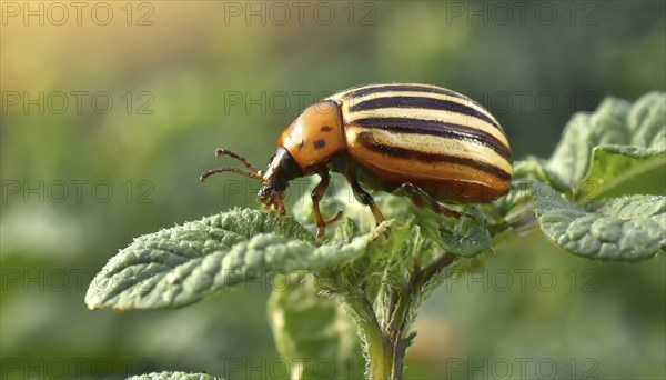 Symbol, Colorado potato beetle on a potato plant, close-up, Leptinotarsa decemlineata, AI