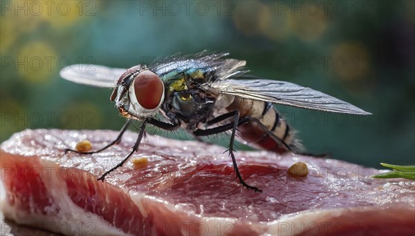 Symbol, animal, insect, close-up of a blowfly on a piece of meat, Calliphoridae, Calliphora vicina,