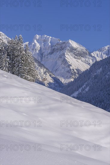 Oytal in winter, behind it Schneck, 2268m, and Himmelhorn, 2113m, near Oberstdorf, Oberallgäu,