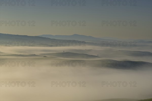 Landscape at sunrise around Volterra, Province of Pisa, Tuscany, Italy, Europe