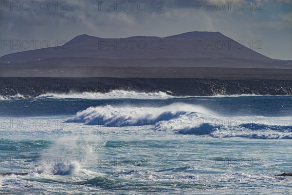 Surf waves, rocky coast near Los Hervideros, Lanzarote, Canary Islands, Canary Islands, Spain,