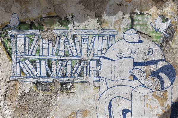 Reading figure in front of a bookshelf, weathered graffiti, street art in the Plaka neighbourhood,
