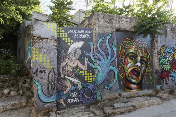 Hercules, Hydra and Medusa, murals in the Anafiotika neighbourhood, street art, Athens, Greece,