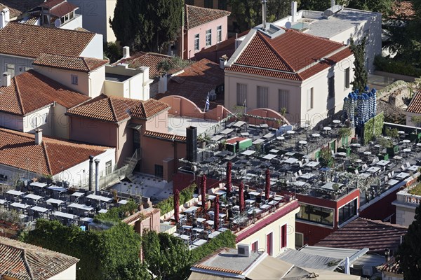 View of rooftop terraces of restaurants in the old town district of Plaka, Athens, Greece, Europe