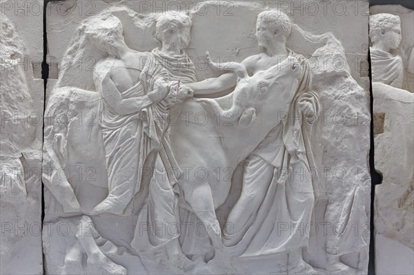 Men with bull, scene from the Parthenon frieze, reconstruction, Acropolis Museum, architect Bernard