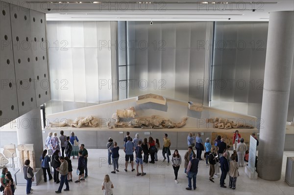 Parthenon pediment with figures, Acropolis Museum, architect Bernard Tschumi, Athens, Greece,