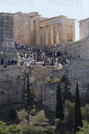 Propylaea, tourists climbing the Grand Staircase, Acropolis, Athens, Greece, Europe