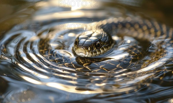 Snake coiling in shallow water, AI generated