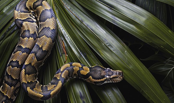 Boa constrictor on palm leaves AI generated