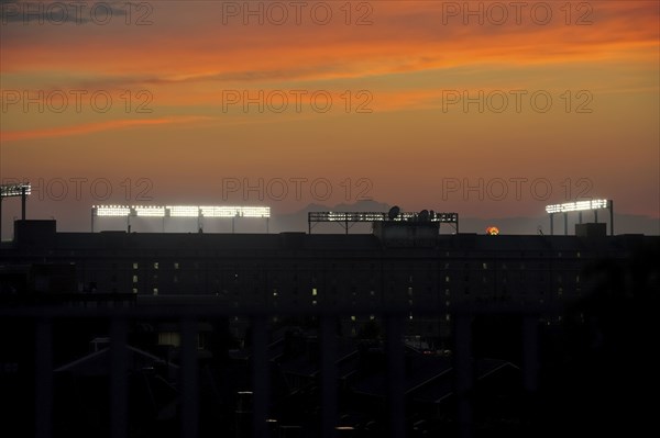 Sunset over Camden Yards, home of Oriole Stadium and the Baltimore Orioles baseball team,