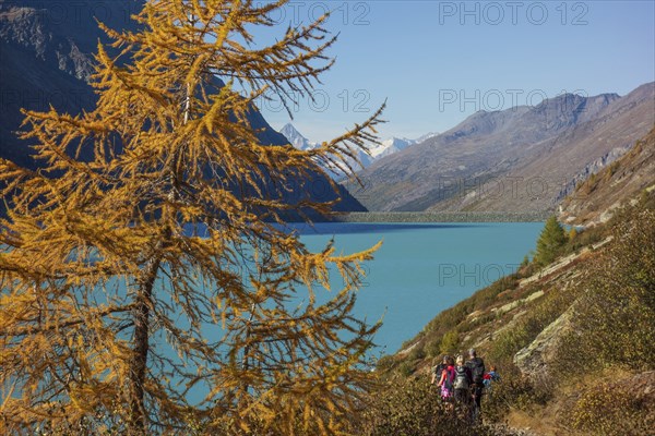 Hikers in autumn landscape at the turquoise lake surrounded by mountains, Saas Fee, Switzerland,
