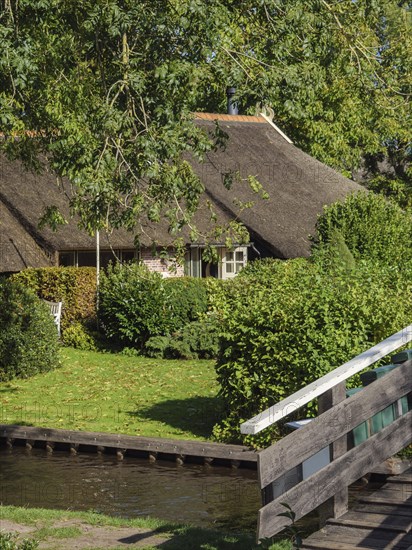 A charming house with a thatched roof and a wooden bridge are surrounded by a well-tended garden