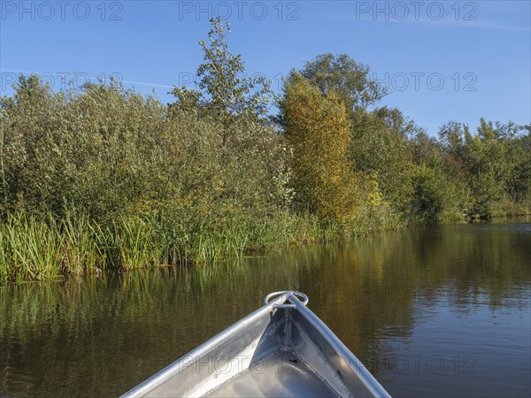 A boat on a calm river, surrounded by trees and reeds in autumn colour spectrum, giethoorn,