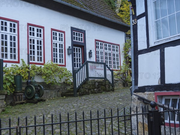 Half-timbered house with white faÃ§ade and red window frames, bacteria-rich plant and entrance