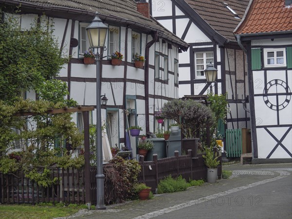 Cosy street with half-timbered houses, flowers and street lamps in a traditional village,
