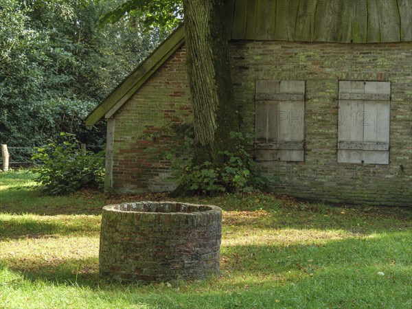 An old well stands next to a weathered house, surrounded by trees and green grass, haaksbergen, .
