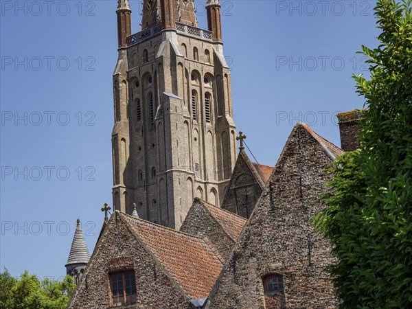 A tall brick church tower next to several historic buildings with Gothic architecture under a blue