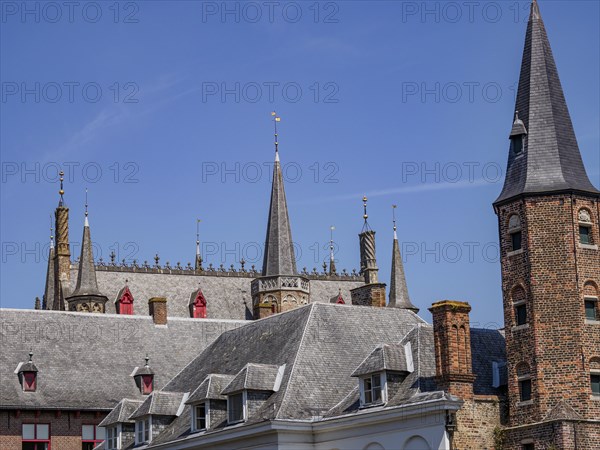 Historic building with many towers and battlements, grey roofs and bricks, under a blue sky,