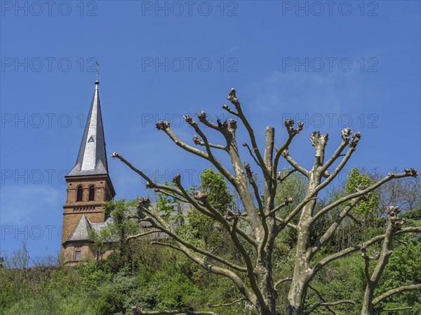 A church tower and a defoliated tree on a hill under a blue sky, Saarburg, Germany, Europe