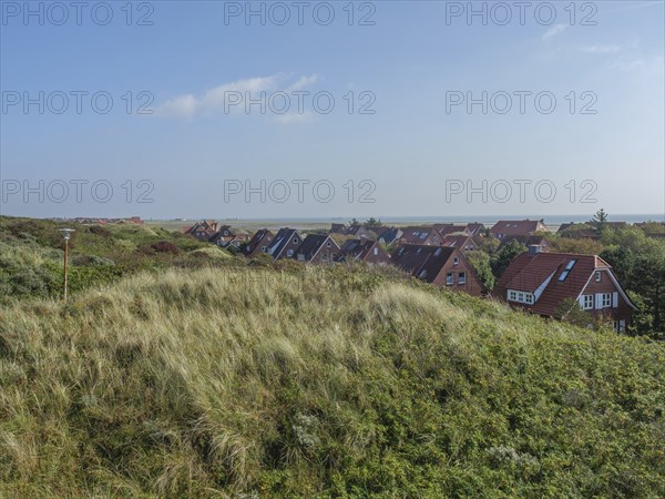Village on the edge of the dunes with a view of the coast and the sea, juist, east frisia, Germany,