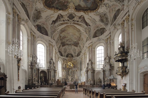 Interior view of baroque Augustinian church, magnificent, ceiling fresco, arts and crafts, historic