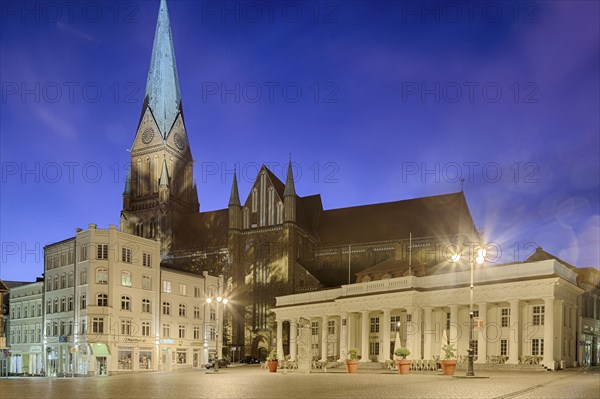 Market place with cathedral night Schwerin Germany