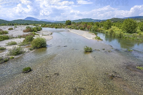 Low water in the riverbed of the Pinios, one of the longest rivers in Thessalia, Greece, now dried