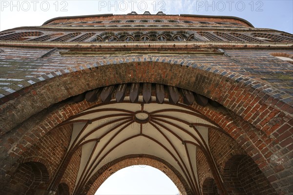 Vault in the entrance arch of the Lubeck Holstentor (Holsten gate), famous historic landmark in