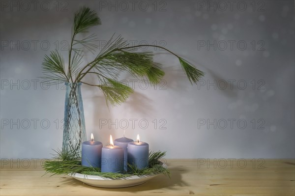 Blue candles, three lit for the third advent, and a vase with pine branches, modern decoration in