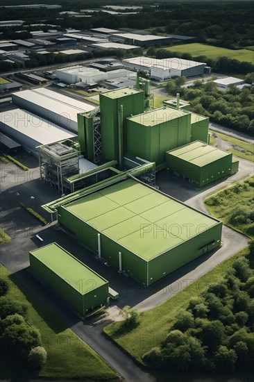 Aerial view showcasing a green factory symbolizing green washing concept, AI genrated, AI generated