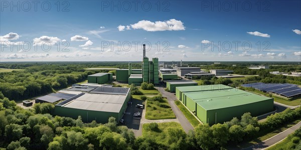 Aerial view showcasing a green factory symbolizing green washing concept, AI genrated, AI generated