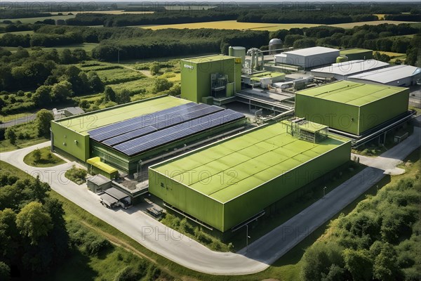 Aerial view showcasing a green factory symbolizing green washing concept, AI genrated, AI generated