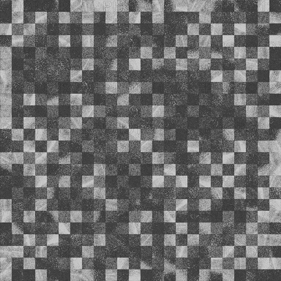 A black and white abstract geometric pattern of small squares creating a pixelated texture