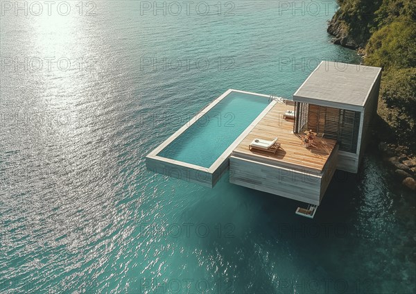 Modern house with an infinity pool extending over the ocean, featuring a wooden deck and surrounded