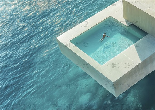 A person floats in an infinity pool over the ocean, captured from an aerial view, highlighting