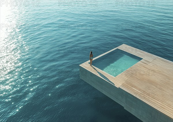 A woman stands alone at an infinity pool overlooking the ocean, creating a sense of peaceful