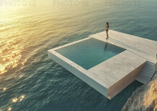 A woman gazes at the horizon while standing by an infinity pool during sunset, evoking a serene and