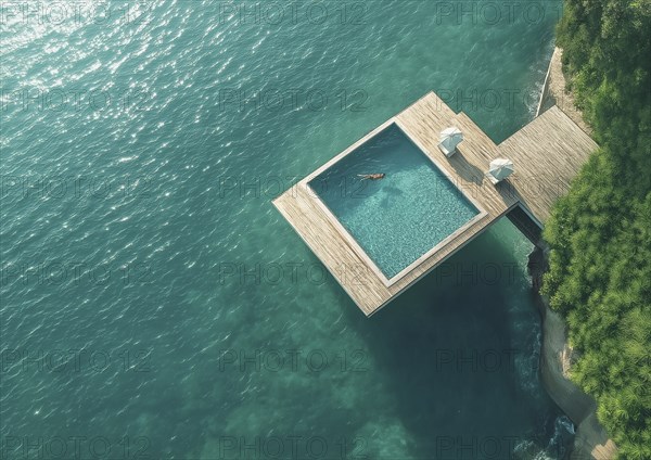 Aerial view of a person floating in an infinity pool over the ocean, surrounded by greenery,