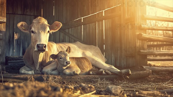 A cow and calf resting in a warm, sunlit barn, reminiscent of a quiet and peaceful rural setting at